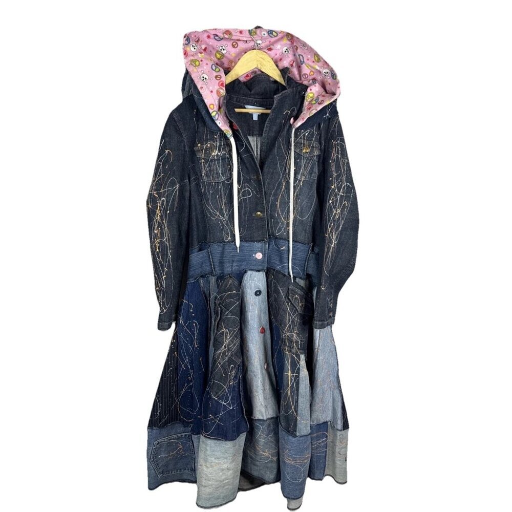 Upcycled Patchwork Denim Hooded Coat Womens M Reworked Paint Splatter OOAK‎